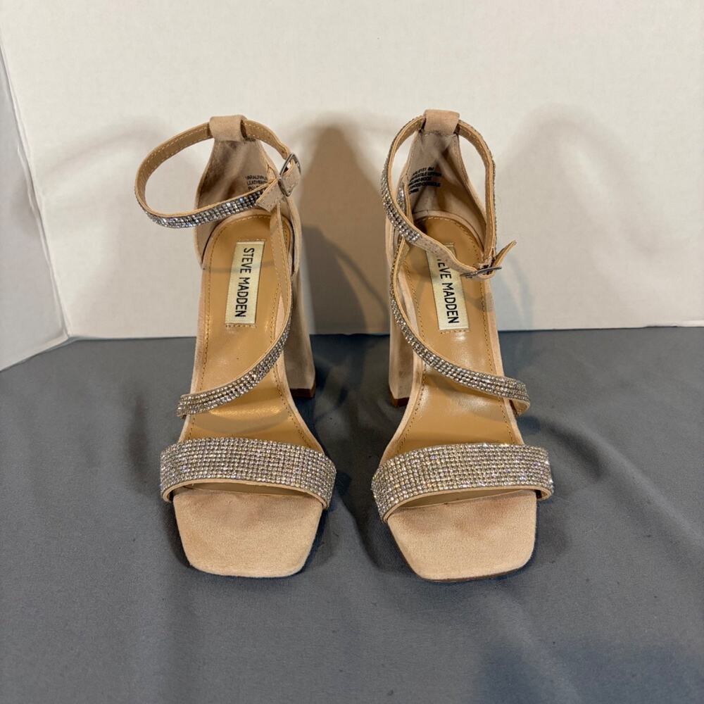 Steve Madden Beige Silver Rhinestone Platform Block Heel Ankle Strap Heels 6M